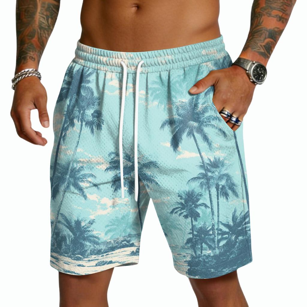 Mens Casual Drawstring Shorts Lightweight Quick Dry Five Inch Shorts with Elastic Waistband and Hawaiian Print for Summer Beachwear