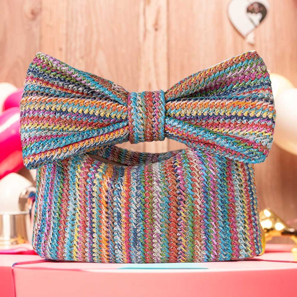Women Straw Evening Bag Zipper Closure with Bow Straw Summer Handbag Versatile Female Party Wedding Bag