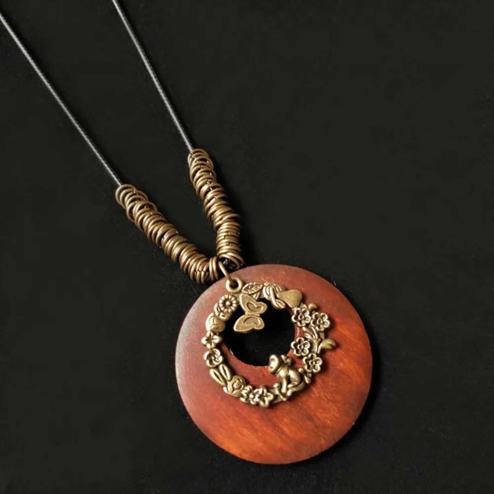 Retro Legno Foglia Gufo Lunga Catena Maglione Etnica Collana Rotonda Donne Ciondolo Orologio Gioielli Femminili Accessori per il Collo Regali Collare