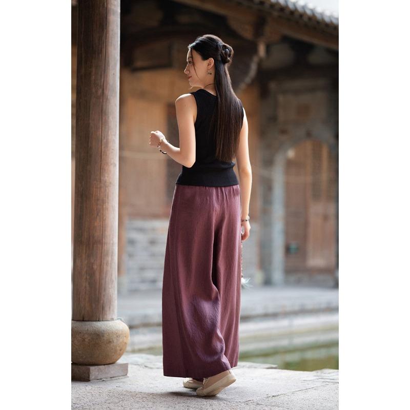 Women's Linen Blend Wide Leg Palazzo Pants Elastic Waist Casual Trousers