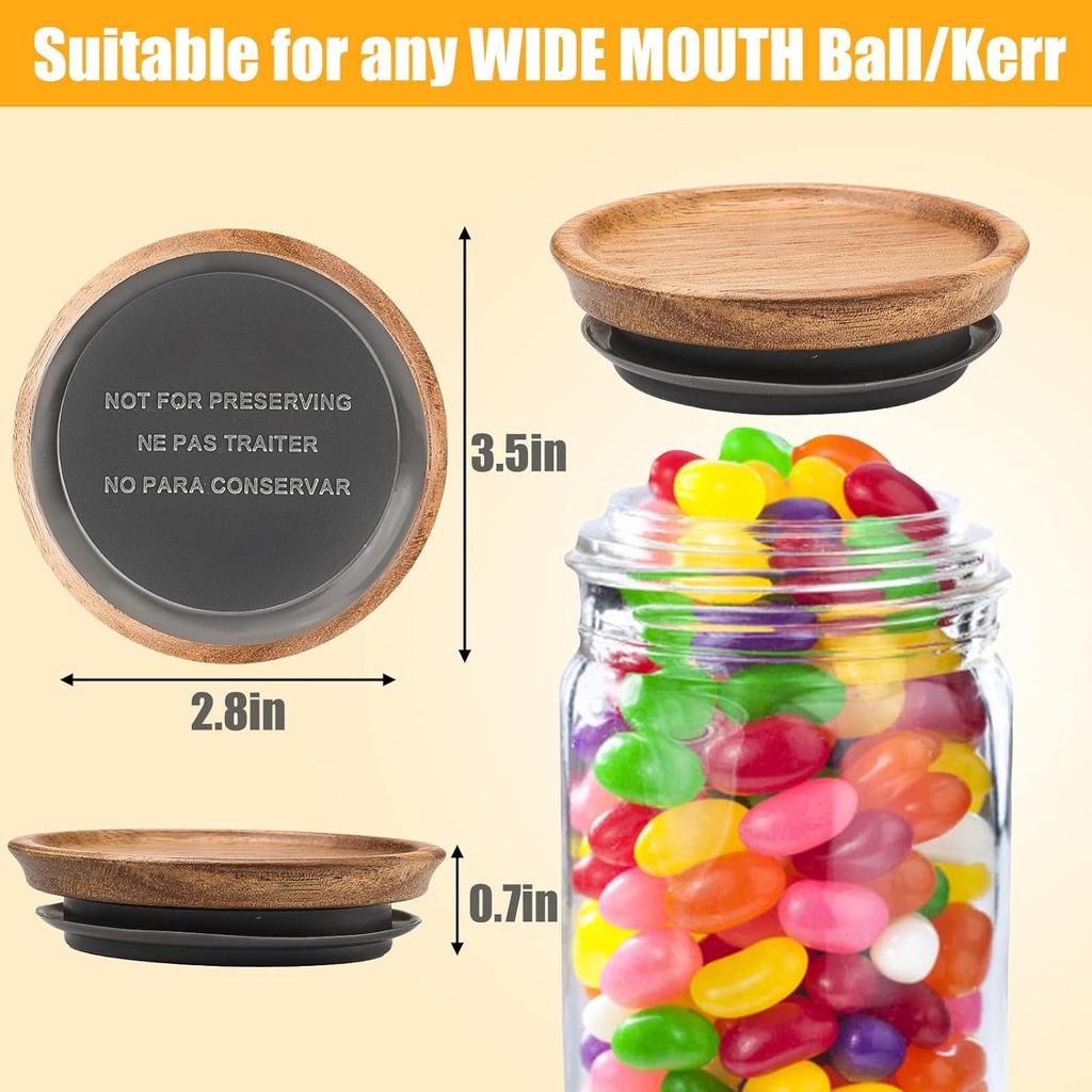 6 Pack Brown Wide Mouth Mason Jar Lids, Reusable Canning Lids With Silicone Seals, Wooden Material, Secure Fit & Seal