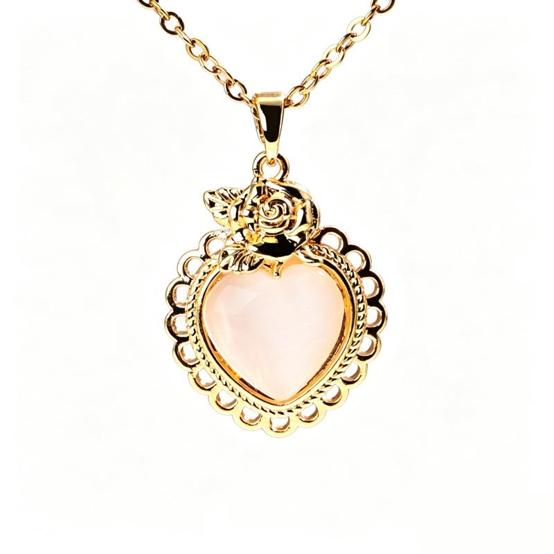 Korean Style Cat's Eye Heart Bow Pendant Necklace for Women