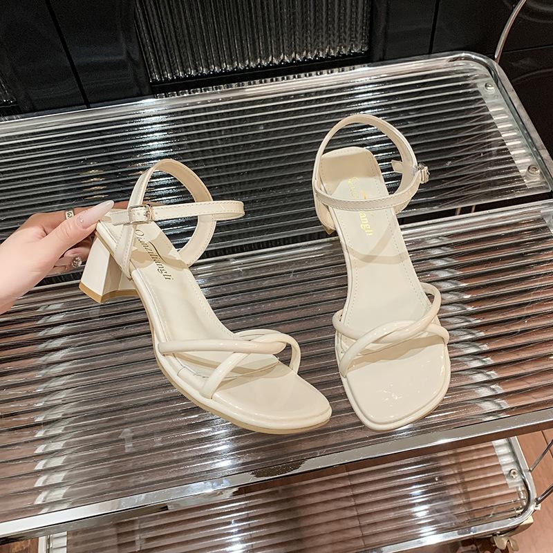 High-heeled sandals spring and summer 2025 new silver fashion pearl straps one-word strap thick-heeled sandals women