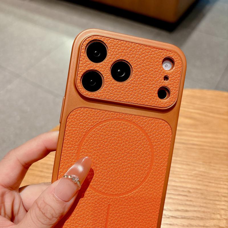 Luxury Lychee Pattern Leather Case For iPhone 17 16 15 14 13 Pro Max 16Pro  Magsafe Wireless Charge Cover