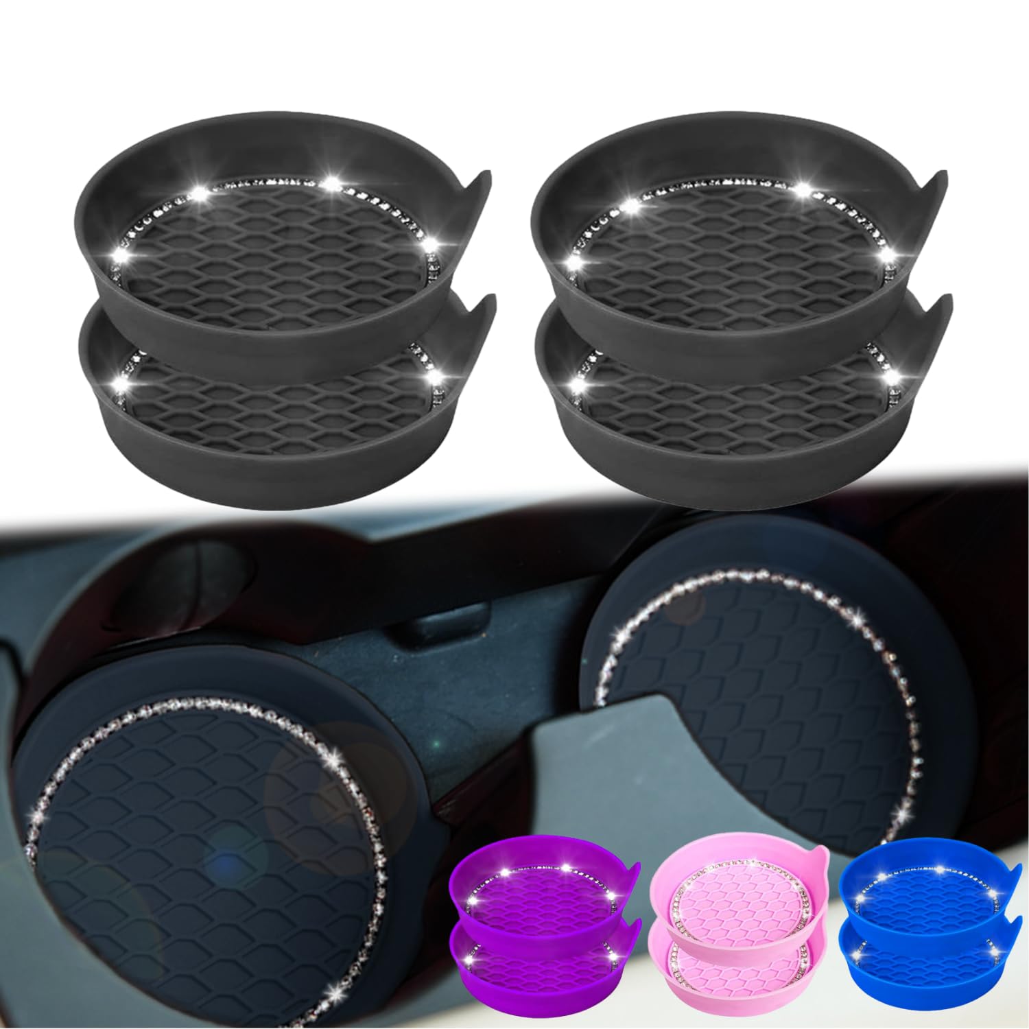 

Подставки для стаканов в машину ANZshop, набор из силикона для напитков, совместимый с большинством моделей автомобилей, держатели, 4, в форме стакана, блестящие, держатели, (черный) чёрный