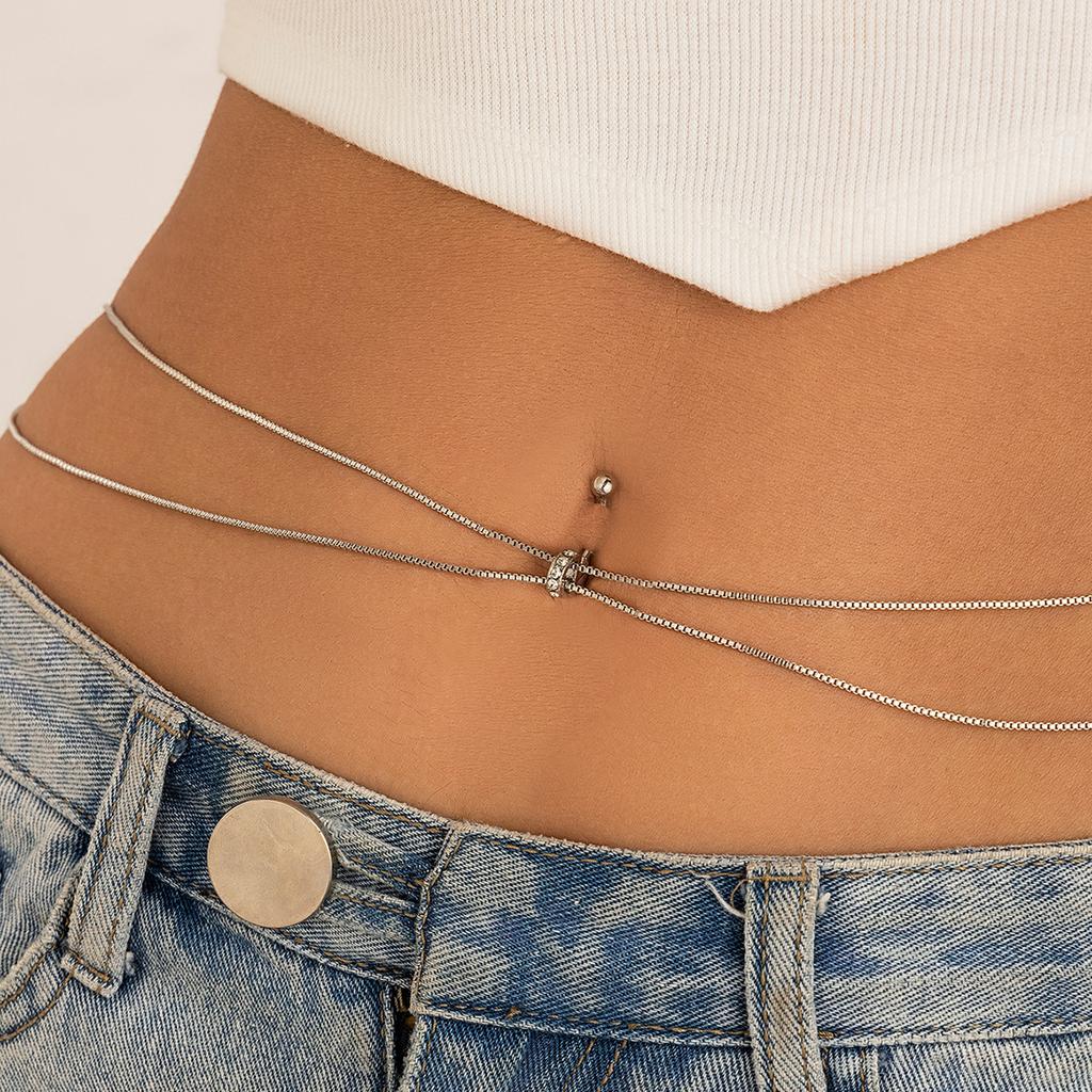 Sexy Rhinestone Fringed Pendant Waist Chain Bodychain Simple Round Bead Chain Navel Nail Waist Jewelry