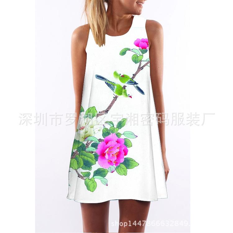 European and American Hot-selling New Digital Printing Round Neck Big Pendulum Loose Off-the-shoulder Medium and Long Vest Sleeveless Dress