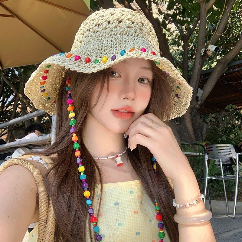 Women Summer Straw Hat Handmade Crochet Bucket Hat Colorful Beads Decor Wide Brim Sun Hat Beach Vacation Foldable Fisherman Cap
