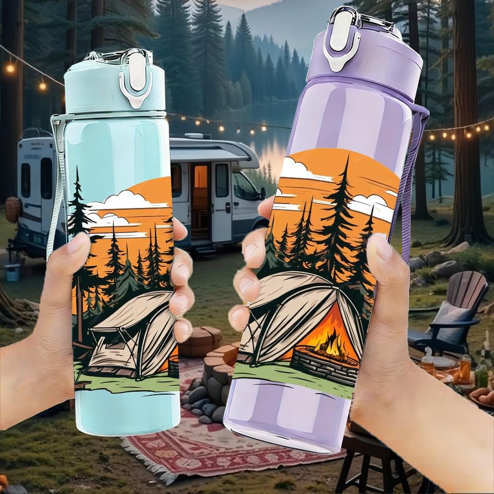 1PC Camping Tent Mountain Sunset Print 750ml Color Plastic Sports Water Bottle Leakproof Flip Straw Lid Suitable for Sports Office Home Use