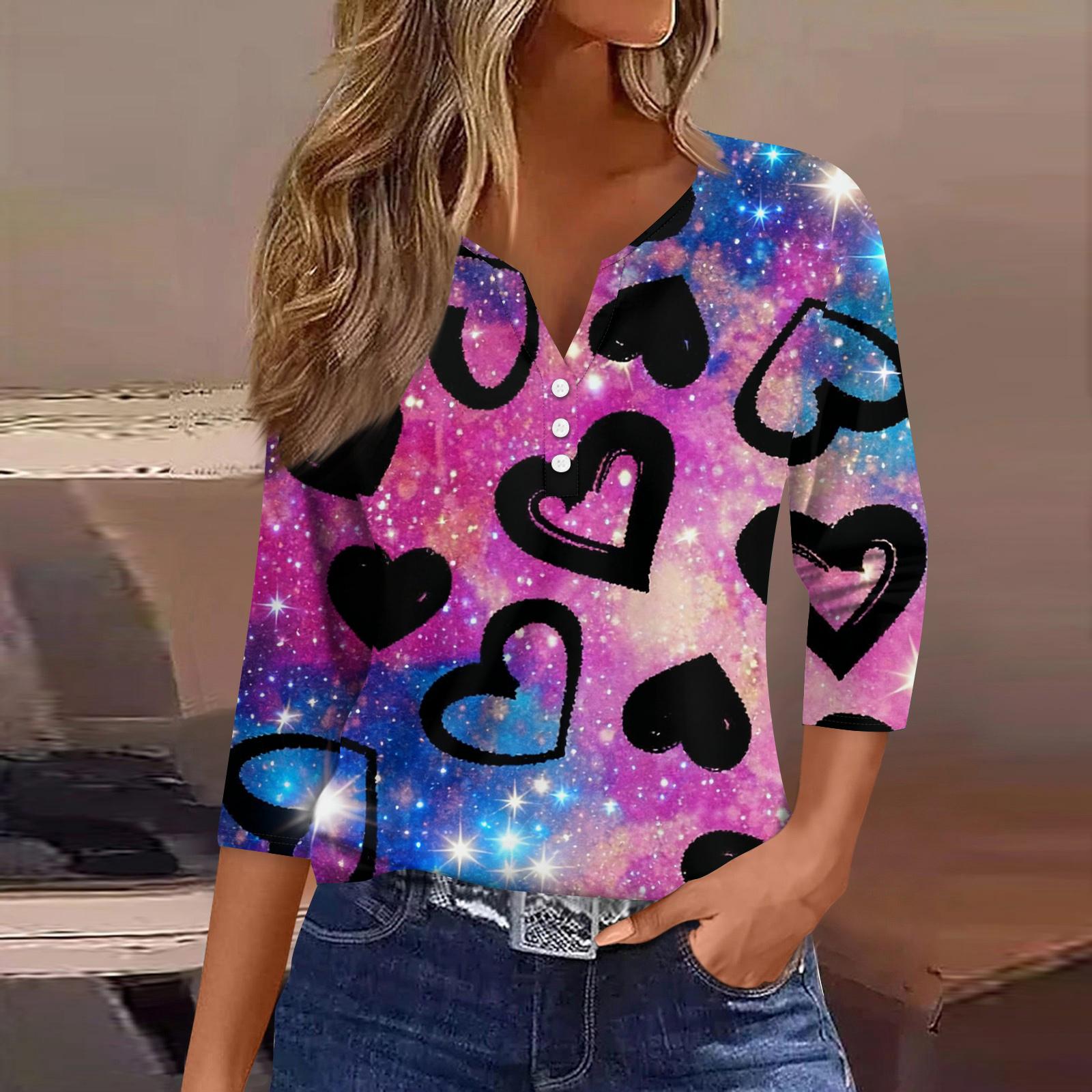 

Women s Fashion Button-Up V-Neck Three-Quarter Sleeve Valentine s Day Print Top XXXL фиолетовый