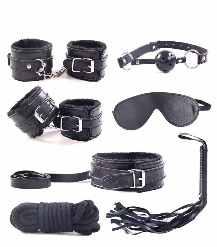 7pcs/set for Woman PU Leather SM Bondage Set Sex Handcuffs Footcuffs Whip Rope Eye Mask Blindfold Erotic Toys Couples