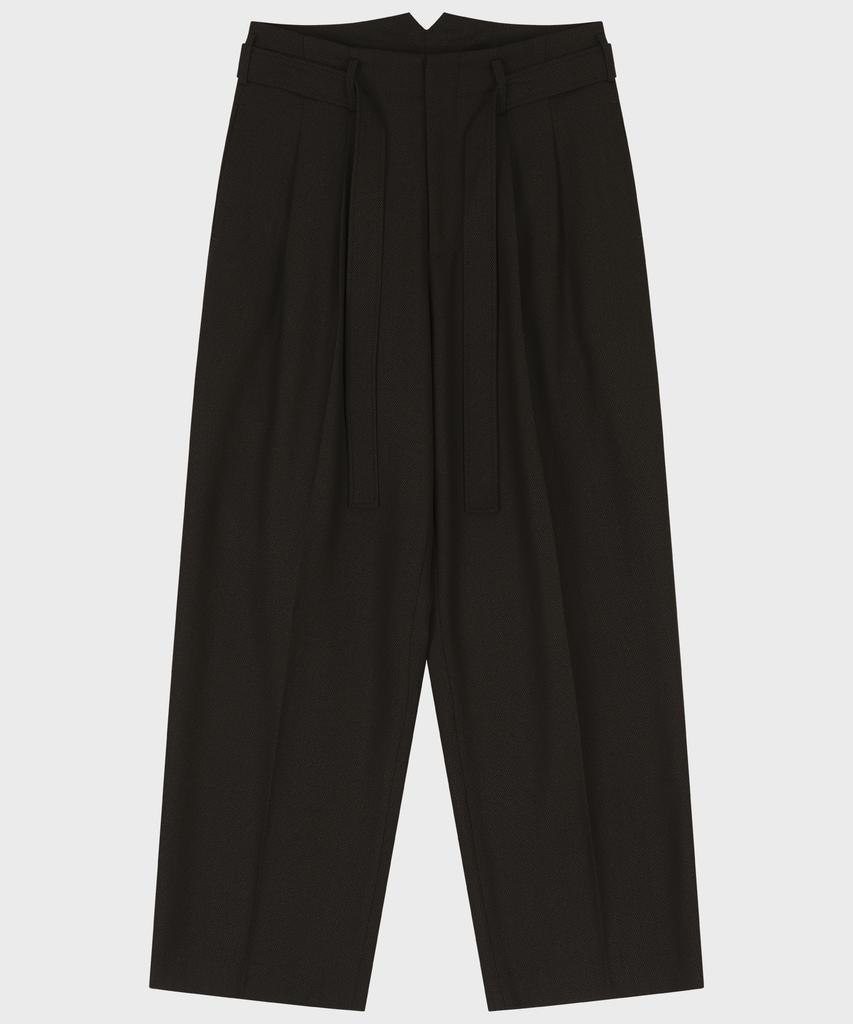 NOIRER Wool Jacquard Belted Two-Tuck Wide Slacks (Brown)