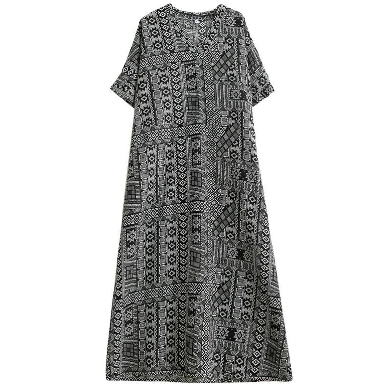 Spring Summer V-neck Cotton Linen Dresses Retro Long Robe Plus Size Loose Artistic Vacation Style Beach Dresses