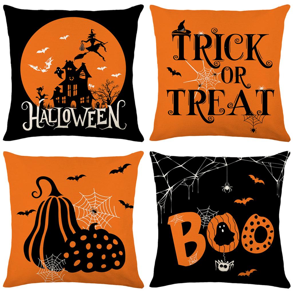 4 Pack Halloween Linen Throw Pillow Covers Cushion Case Vintage Square Pillowcase for Couch Sofa Bed Living Room Home Decor