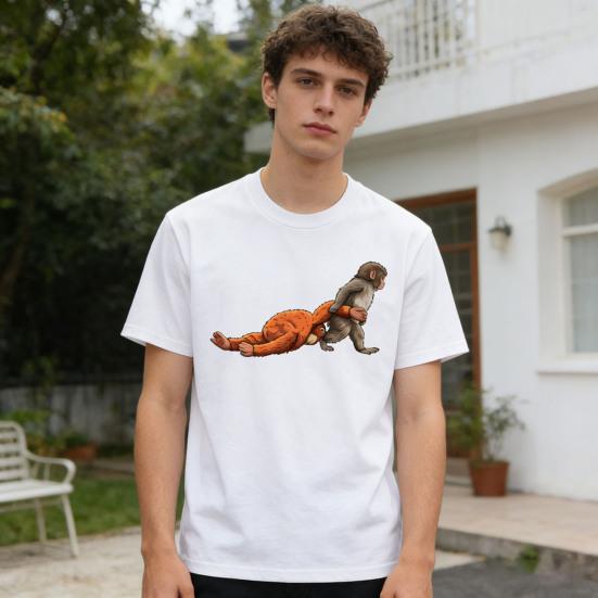 Men Tee Shirt Punch Monkey Neck Short Sleeve Pattern Round Pullover Tops Stretchy Fit Solid Color