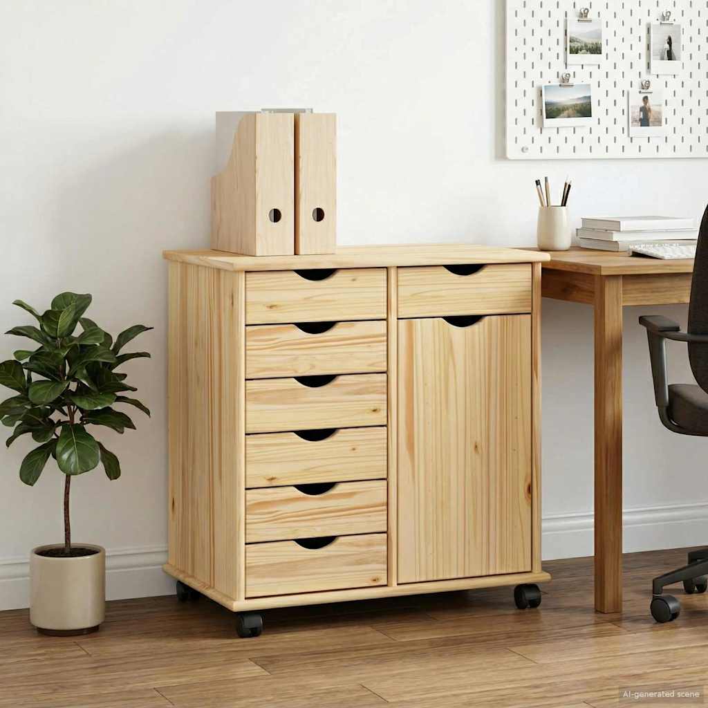 Rolling Cabinet with Wheels Brown 63.5 x 39 x 65.5 cm Solid Pine Wood