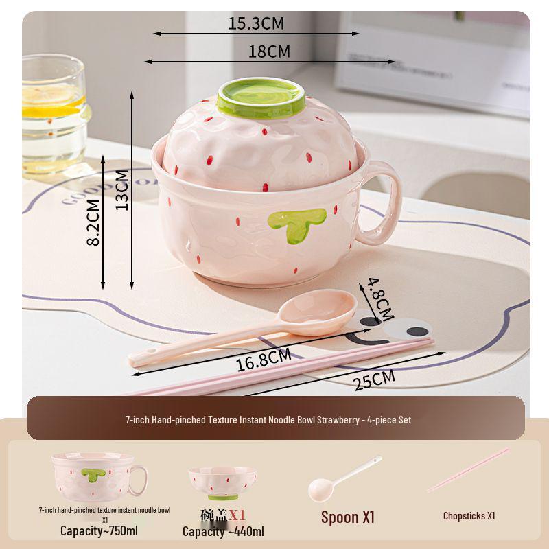 Cute Double-Handled Ceramic Bowl & Plate Set - Ideal for Instant Noodles, Soup, & More with Spoon & Chopsticks