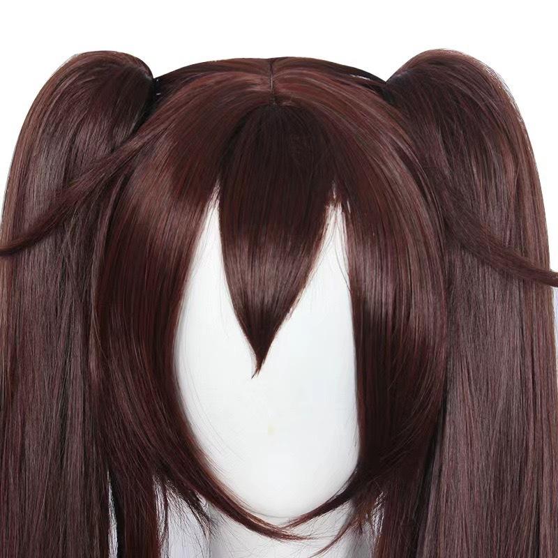 Genshin Impact Game Nuc Cos Perucă dublă coadă de cal Păr lung și drept maro închis Gradient roșu maro perucă completă pentru acoperirea capului