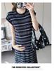 New Summer Ice Silk Maternity Dress with Short Sleeve Polo Collar and Slimming Color Block Stripes