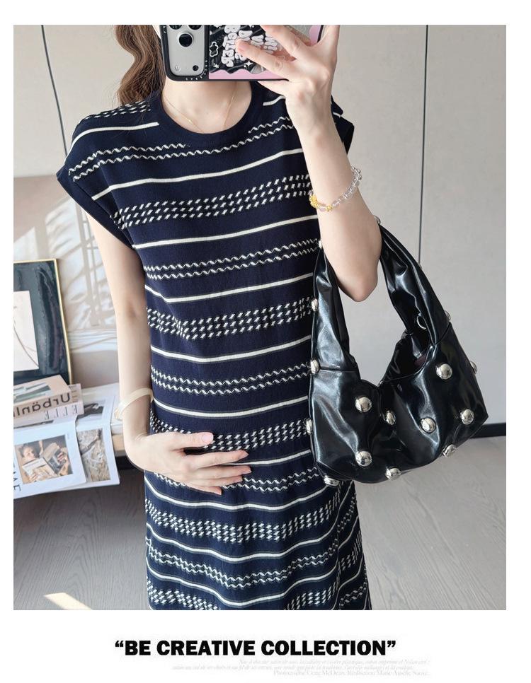 New Summer Ice Silk Maternity Dress with Short Sleeve Polo Collar and Slimming Color Block Stripes
