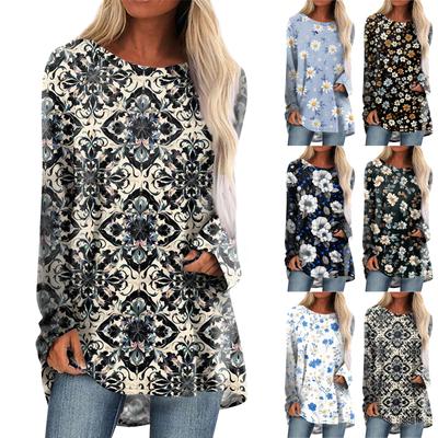 Women's Fashion Casual Long Sleeve  Print Round Neck Pullover Top Blouse