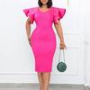 Ruffles Sleeve Solid Beaded Dresses Women 2026 New O Neck Package Hips Mid Calf Elegant Birthday Party Dinner Vestidos Mujer