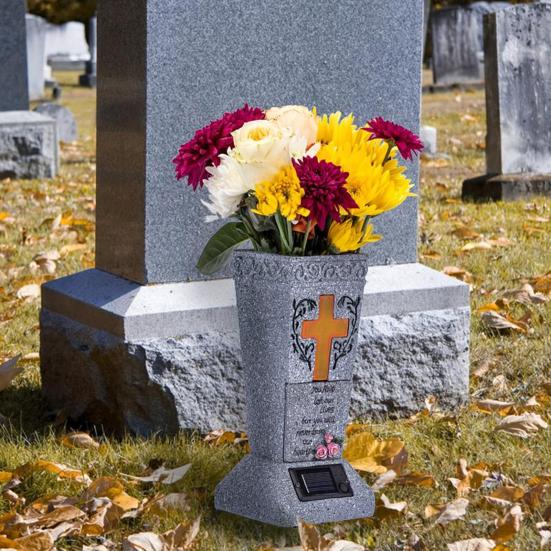 Solar Cemetery Vase with LED for Gravestone Outdoor Artificial Fresh Flower Holder Headstone