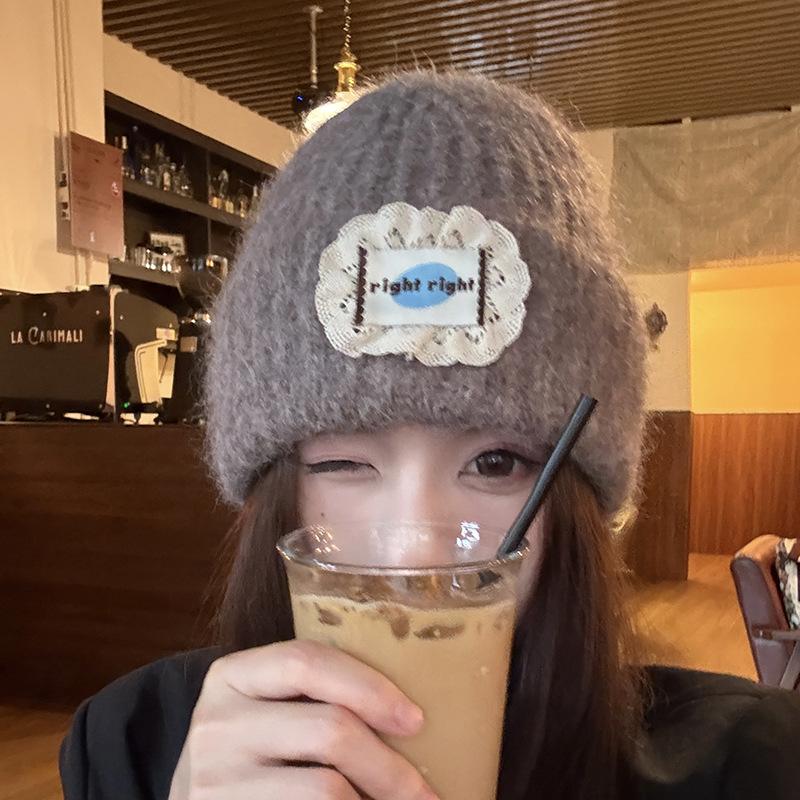 Big Head Circumference Patch Lace Knitted Wool Hat Women's Year Autumn and Winter Face Small Versatile Hat Ear Protection Cold Hat