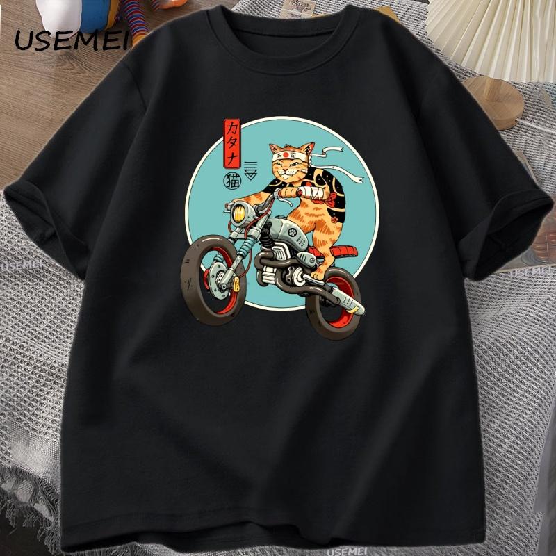 Cat Motorcycle T Shirt Casual Cotton Short Sleeve Tshirt for Unisex Japanese Style Vintage Graphic Tees Unisexs Clothes Streetwear