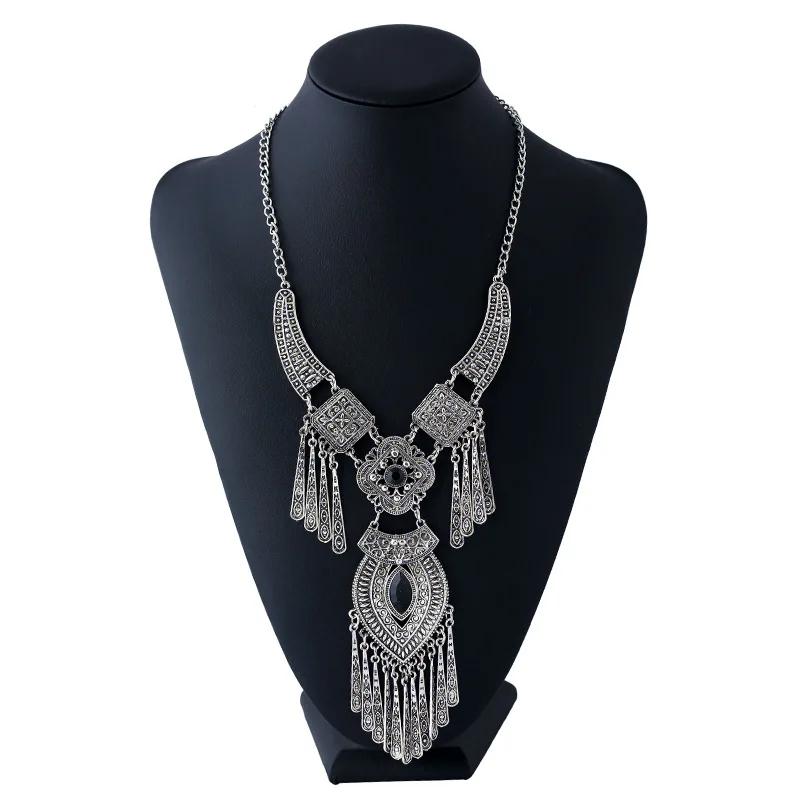 Vintage Ethnic Exaggerated Statement Necklaces Antique Silver Carved Water Drop Tassel Necklaces For Women Boho Jewelry