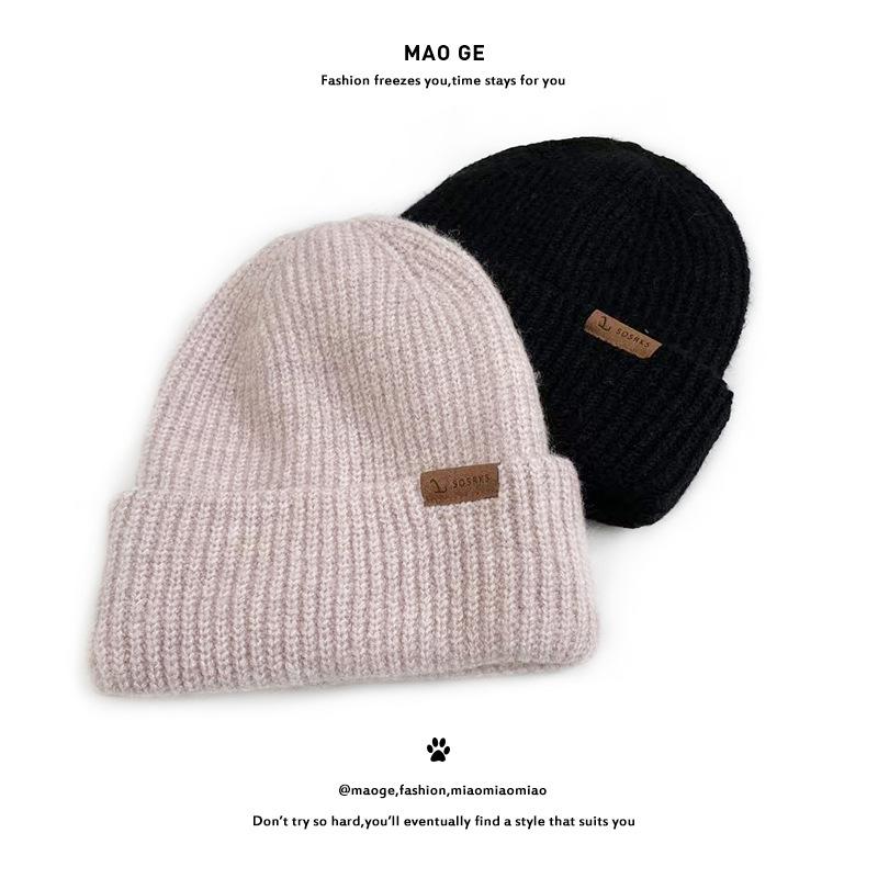 Korean Style Thick Knit Wool Hat for Men & Women - Windproof, Warm, Double Layered, Large Head, Autumn/Winter, Solid Color.