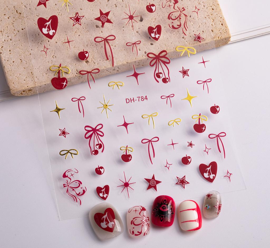 1pc Cherry Bow Nail Sticker Y2K Style 3D Sweet & Cool Nail Art with Hearts & Stars for DIY Nails