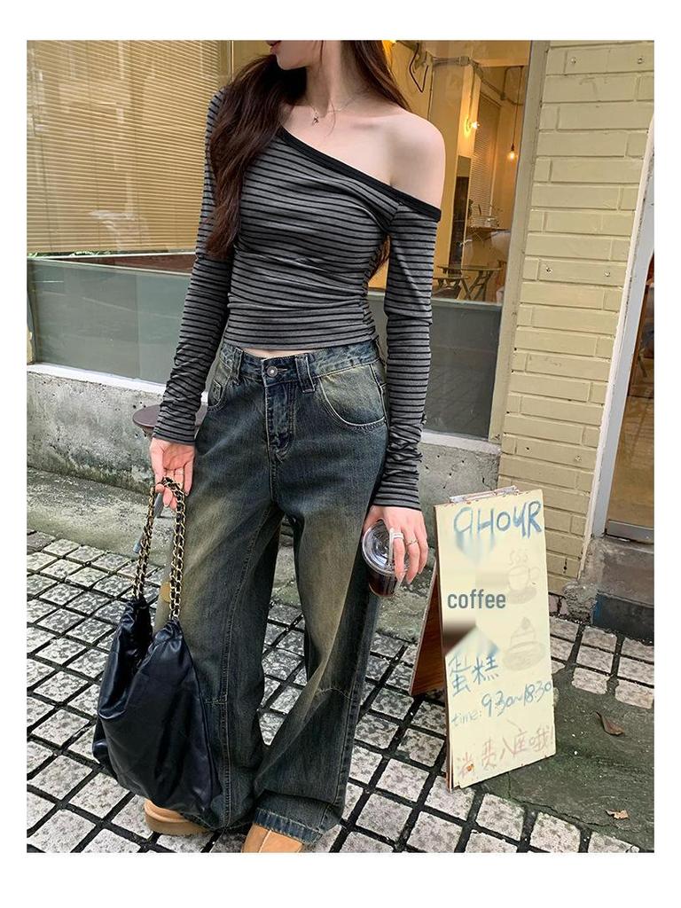Chic Gray Striped One-Shoulder Long-Sleeve T-Shirt - Women's Autumn Korean Style Slim Fit Off-Shoulder Top