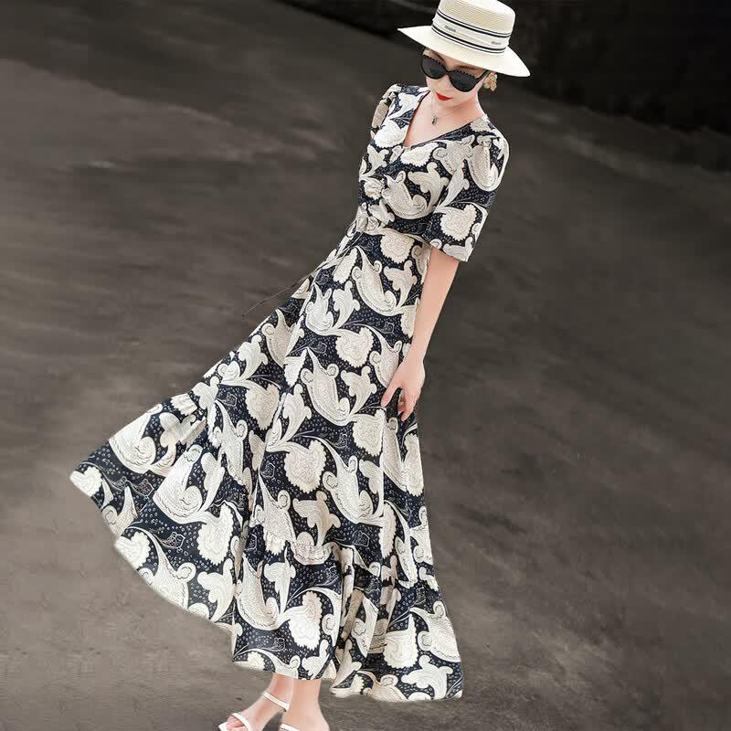 Lanseer French Style Floral Print Ruffle A-Line Dress S