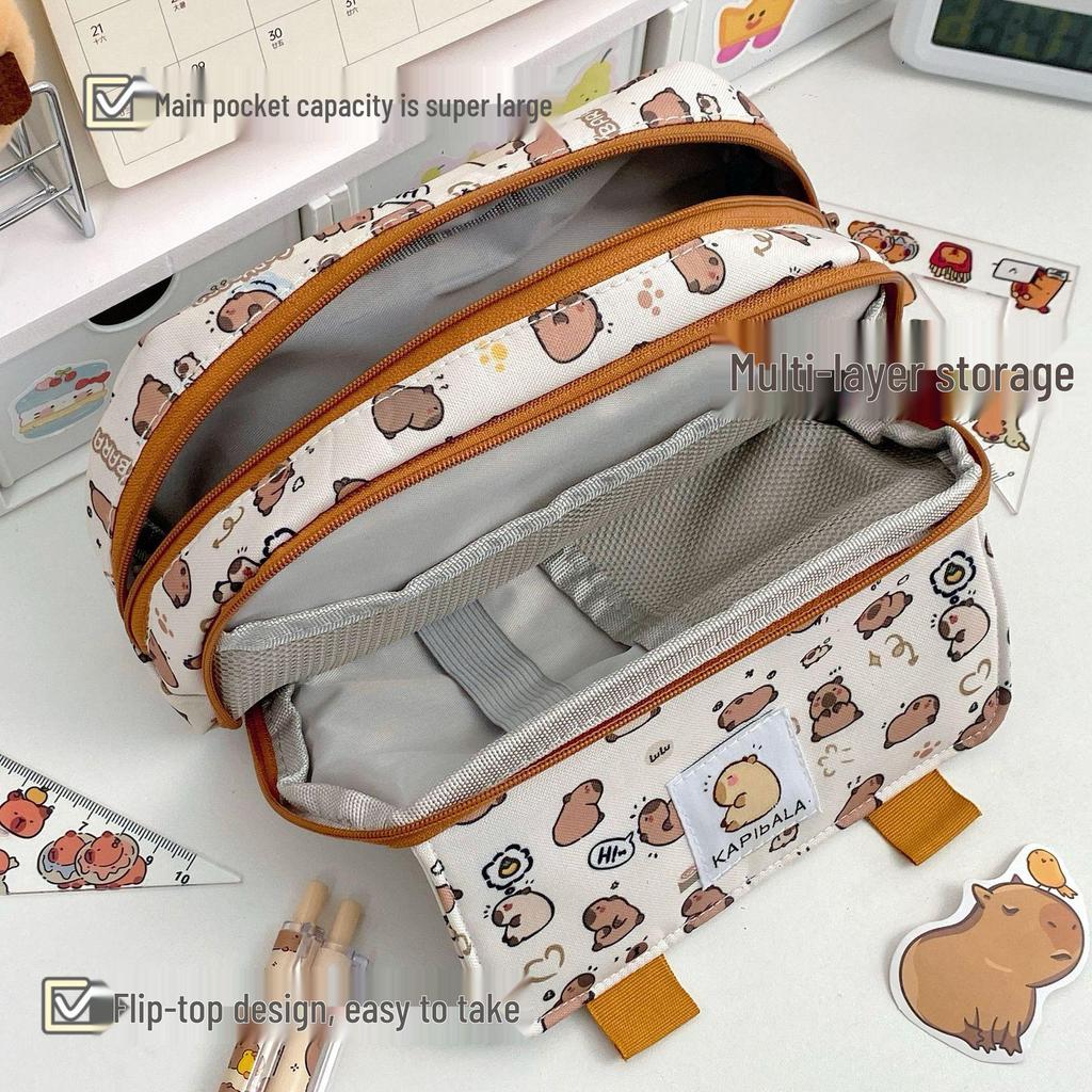 Capybara Cartoon Pencil Case for Students: Flip-Top, Multi-Layer, Large Capacity Stationery Organizer.