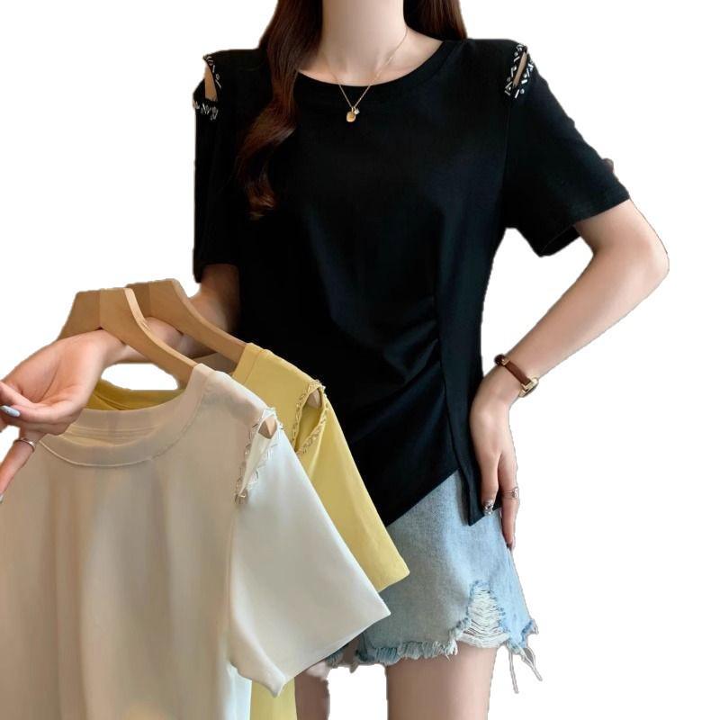 Plus Size One-Shoulder Beaded Hollow-Out Short-Sleeve T-Shirt, Summer Slimming Loose Fit