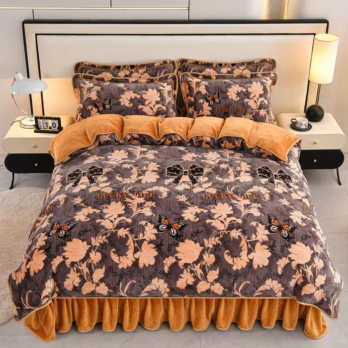 Thickened Milk Fleece Four-Piece Warm Double-Sided Coral Fleece Quilt Cover Flannel Sheet Bed Skirt Bedding