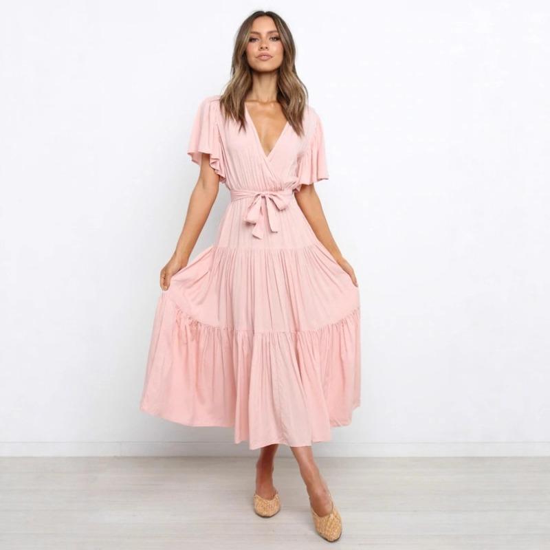 New v-neck commuter solid color short-sleeved waist dress, bohemian dress