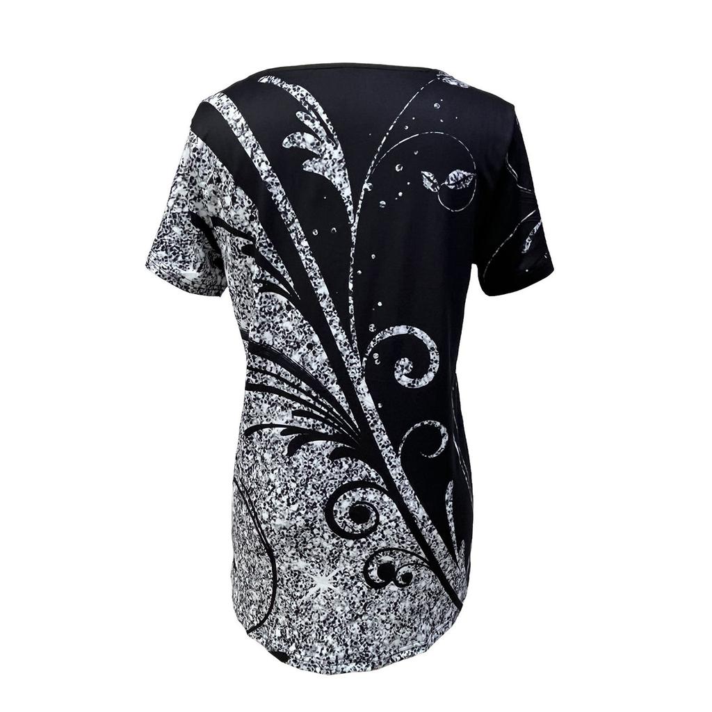 Fashion Womens Summer Geometric Print Loose Short Sleeve Irregular Hem T-Shirt
