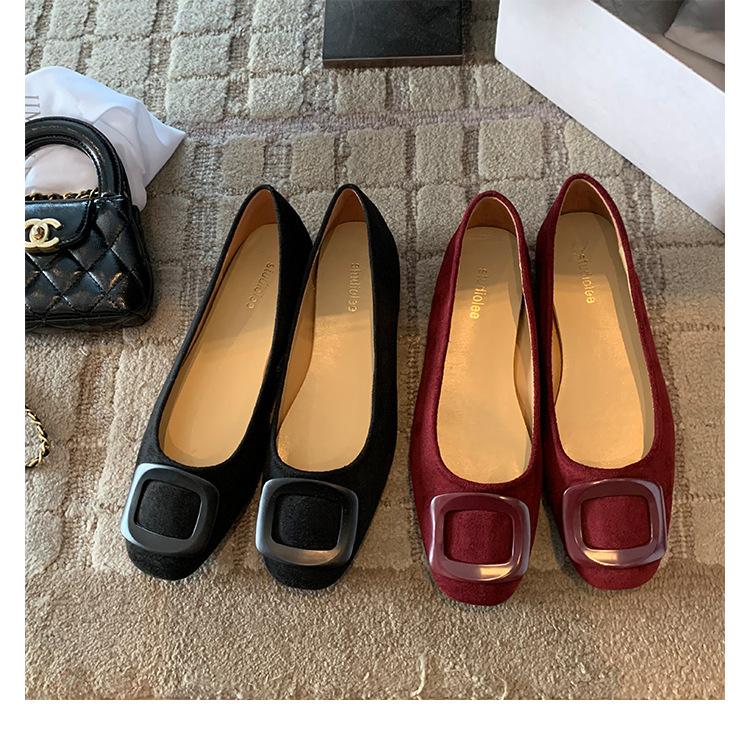 Sheepskin Version~ 2025 New Fairy Style Leather Suede Square Buckle Shallow Mouth Single Shoes Women's Flat Bottom Suede Grandma Ladyshoes