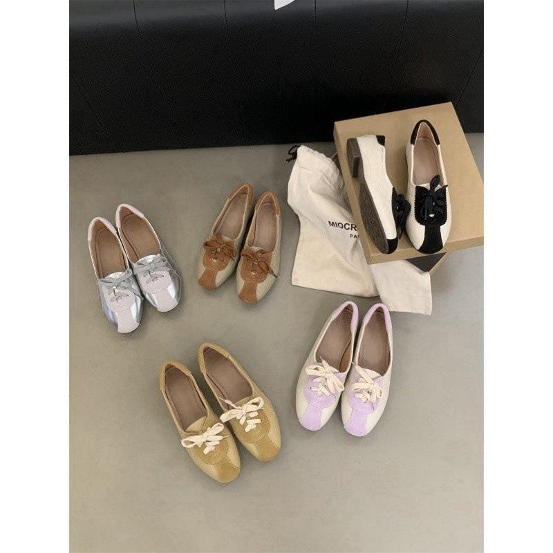 Silver single shoes women's spring and autumn retro casual lace-up De Xun one-pedal soft leather flat-soled Doudou shoes