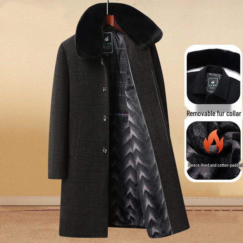 Men's Mid-length Woolen Coat - Thickened Chenille Jacket for Middle-aged & Elderly, Plus Velvet Winter Top