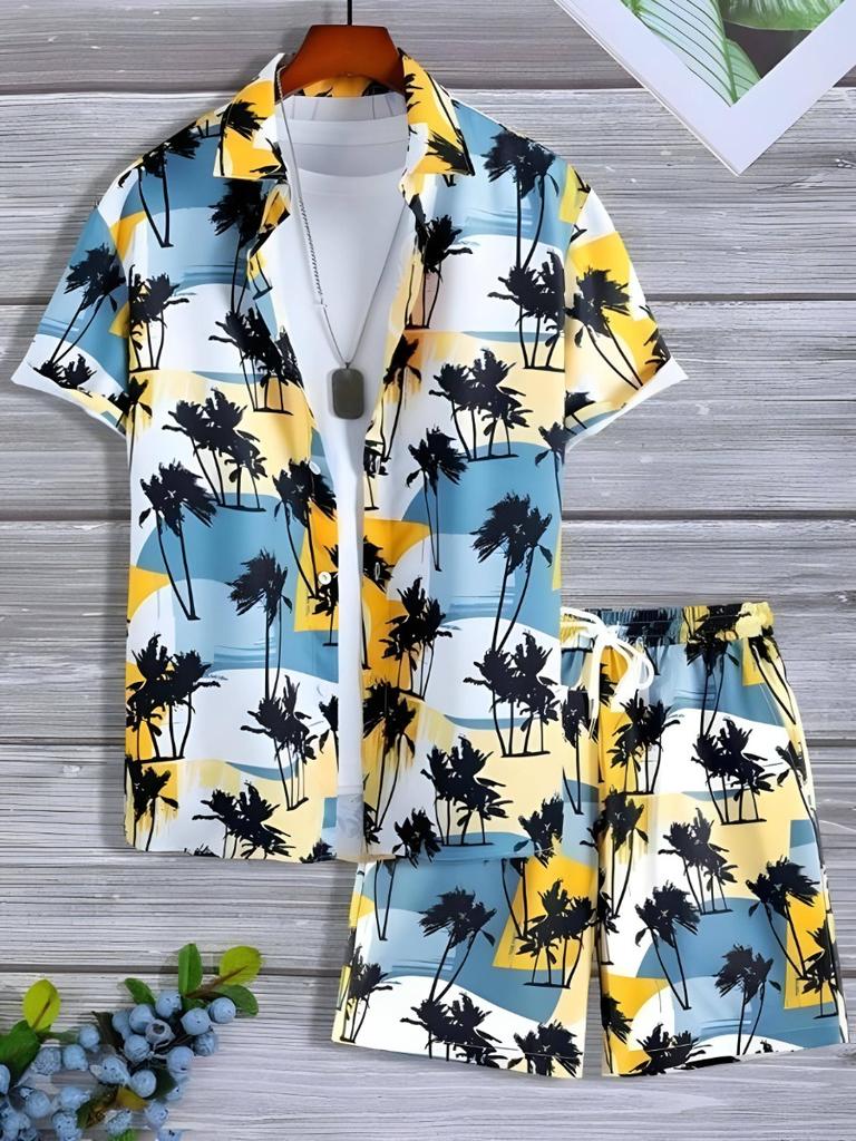 Men's Summer Palm Tree Tropical Plant Shirt Hawaiian Shirt 2-Piece Set Short Sleeve Shorts Lapel Tropical Fashion Casual Holiday