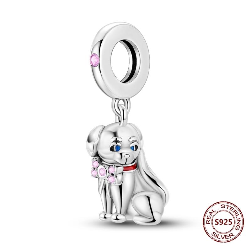 Copper Original Dog Cat Safety Chain Lazy Cat Pink Zircon Pet Paw Print Footprint Charms Fit Bracelet For Women Diy Jewelry