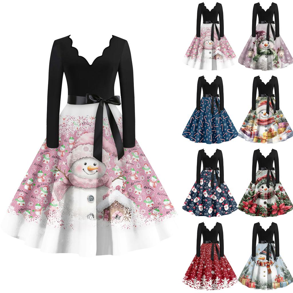 Women's Casual Fashion Christmas Holiday Print V-neck Vintage Dress