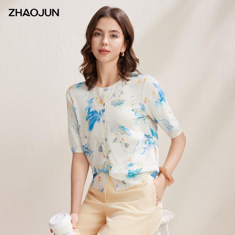 Zhaojun Silk Blend Floral Knit Short Sleeve Cardigan M