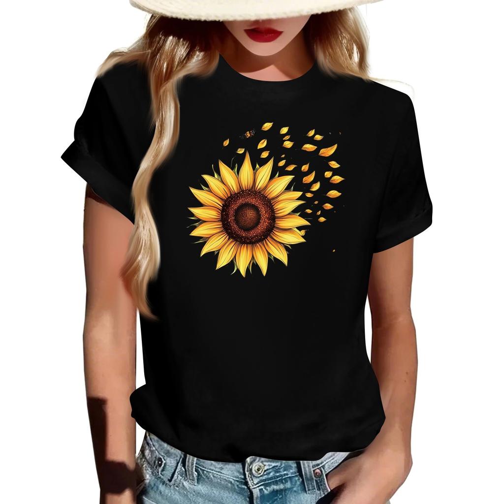 Damen Modisches Rundhals Casual Retro Print Kurzarm T-Shirt Top