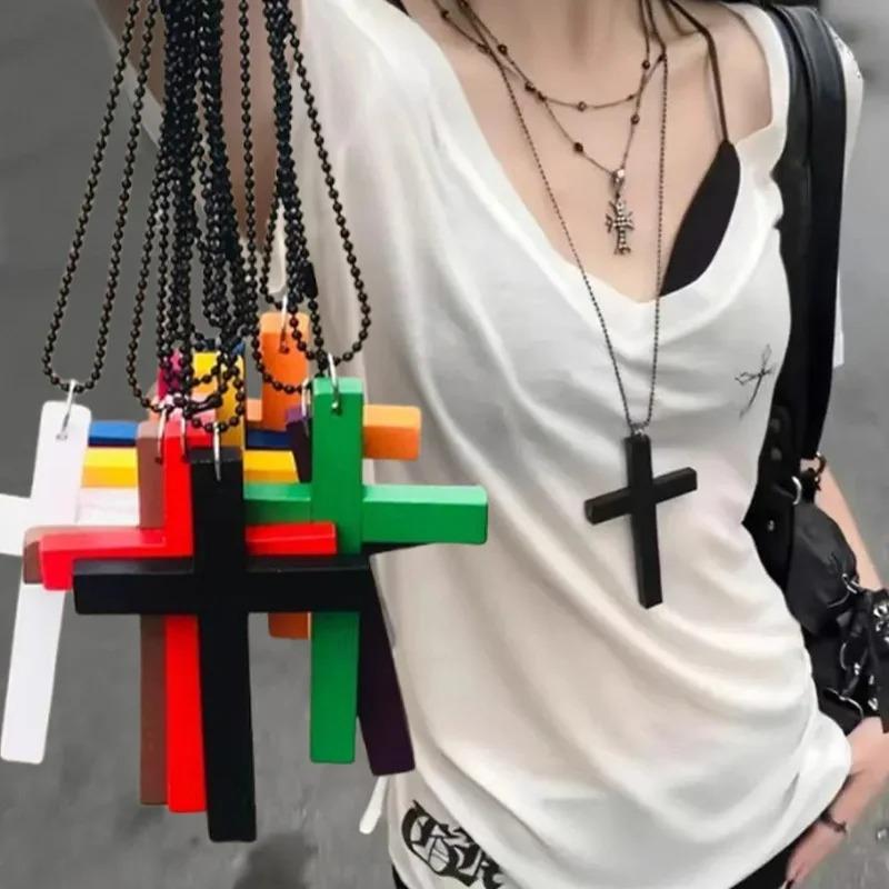 Y2k Punk Gothic Women Vintage Wood Cross Black White Red Necklace Hip Hop Pendant Necklace Sweet Cool Party Jewelry Girls Gift
