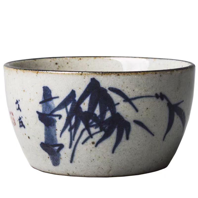 Exquisite Hand Painted Blue and White Coarse Pottery Ceramic Gongfu Teacup Set for Pu Er Tea Ceremony Small Cups Chinese Teaware