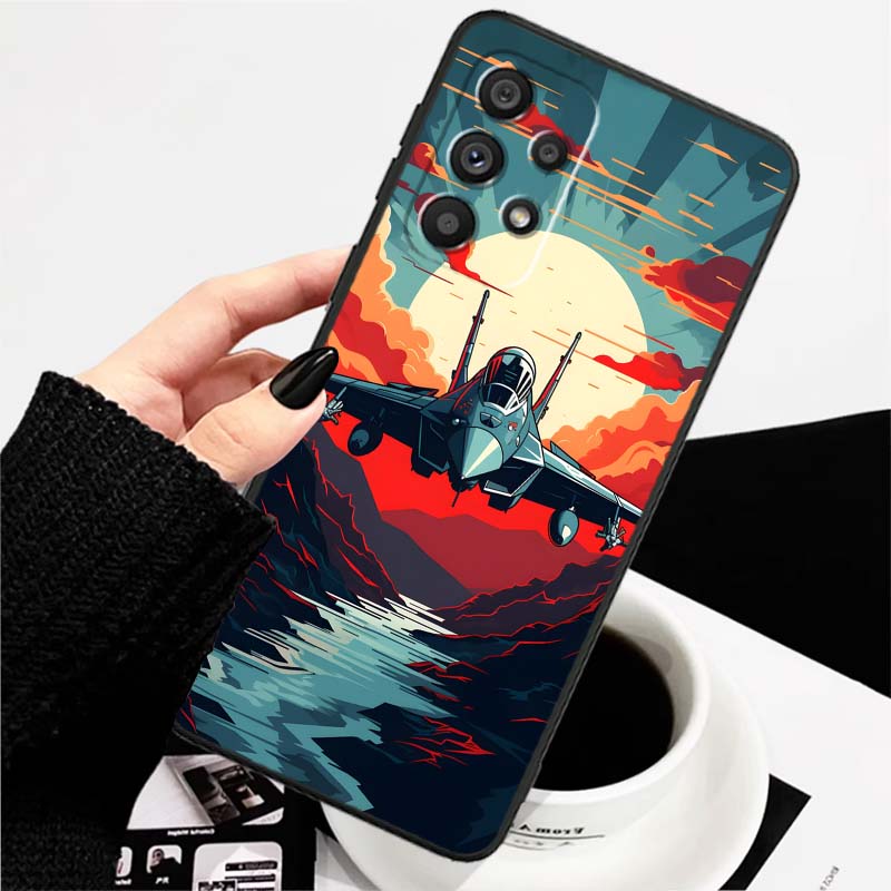 Fashion airplane pattern For Samsung A73 A72 A71 A55 A54 A53 A52 A51 A13 A22 A16 A15 A12 A14 A26 A07 5G Black Phone Case
